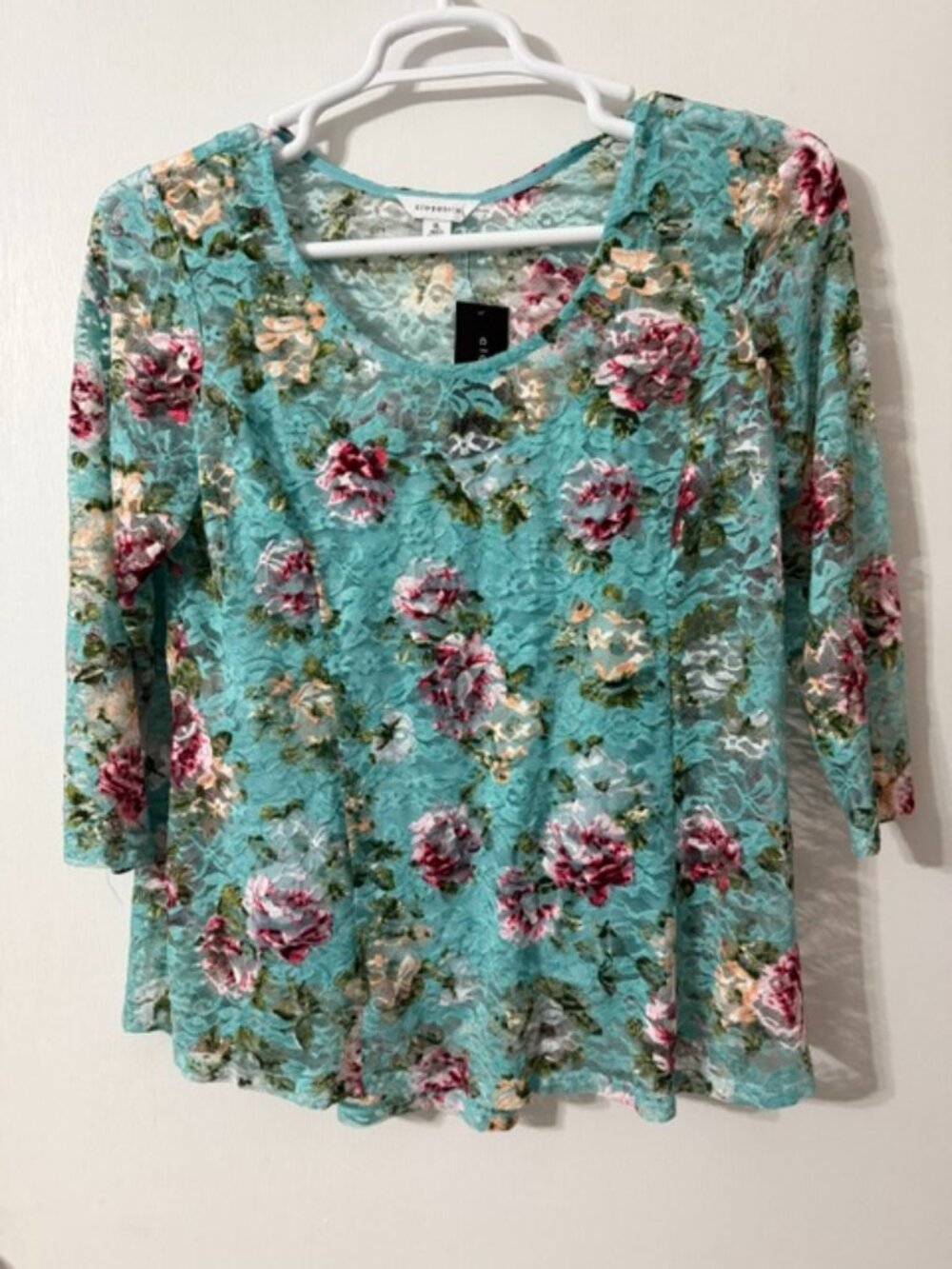 NWT Closetrix Women’s Floral Lace ¾ Sleeve Buit-In Tank Blouse-Size XL